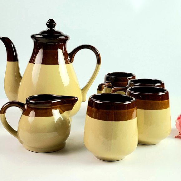 Vintage - Beige/Brown Tea Set with Creamer & 4 Cups - 7 Pieces - Made in Taiwan - Picture 1 of 12
